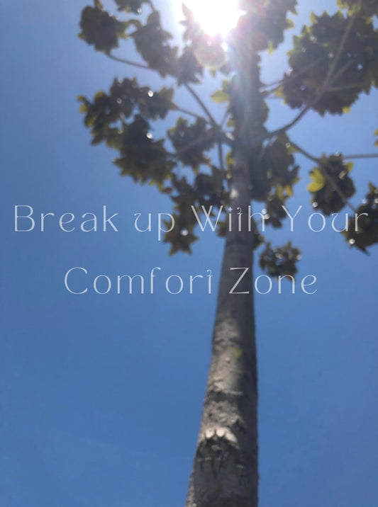 break up with your comfort zone text over image of tree with sunlight